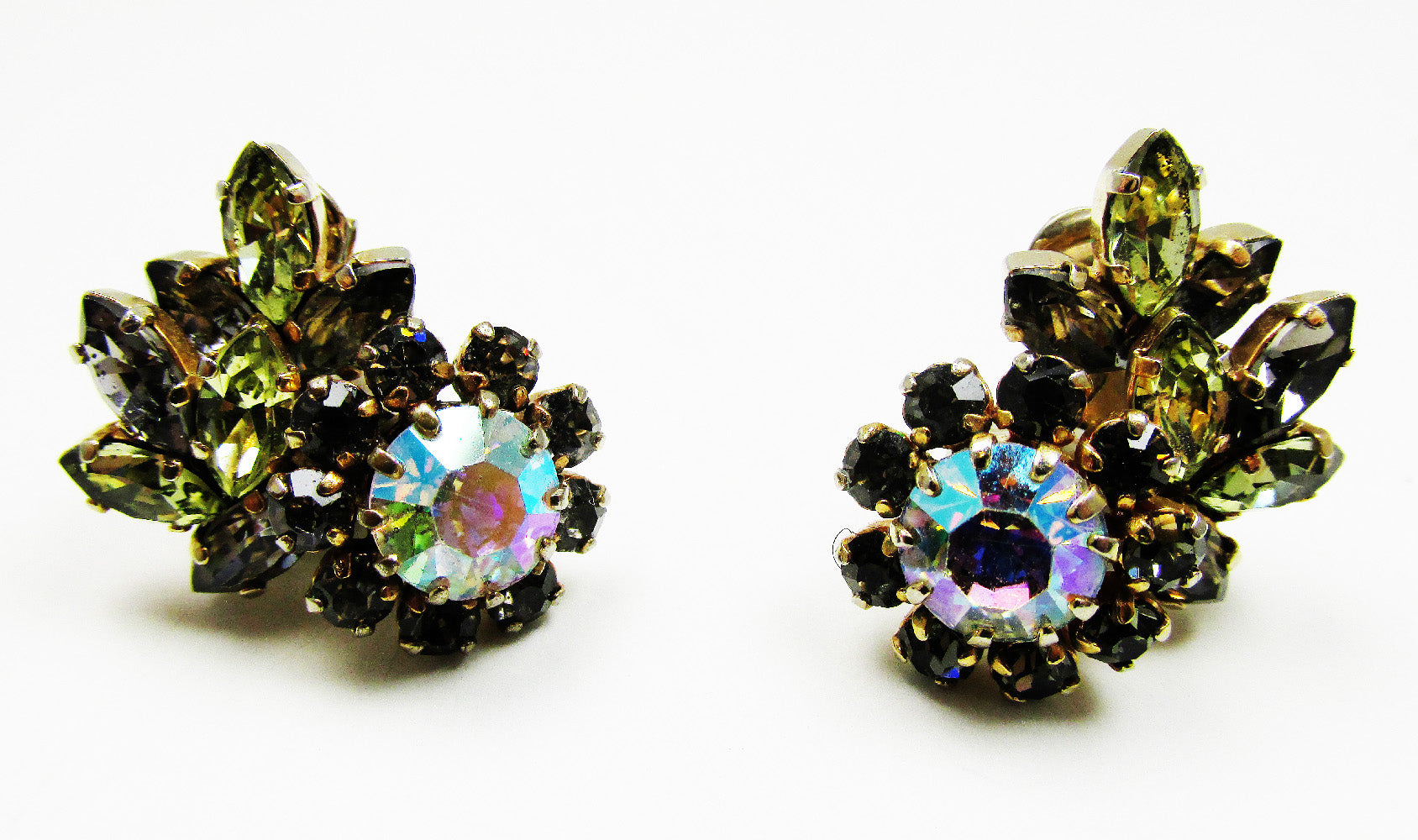 Signed Schoffel Vintage 1950s Designer Diamante Floral Earrings - Front