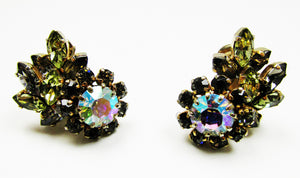 Signed Schoffel Vintage 1950s Designer Diamante Floral Earrings - Front