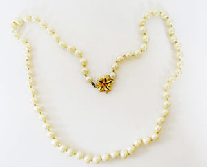 Vintage 1960s Diamante and Ivory Colored Hand Knotted Pearl Necklace - Front