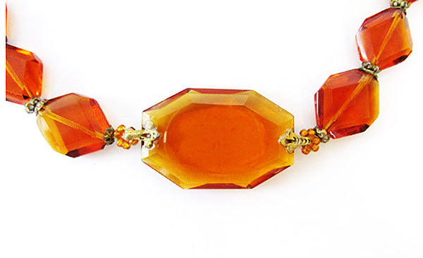 Czechoslovakian Vintage 1930s Art Deco Amber Glass and Brass Necklace  - Close Up