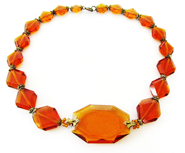 Czechoslovakian Vintage 1930s Art Deco Amber Glass and Brass Necklace  - Back