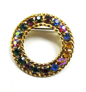 Jewelry Vintage 1960s Gold Multi-Color Rhinestone Circle Pin - Front