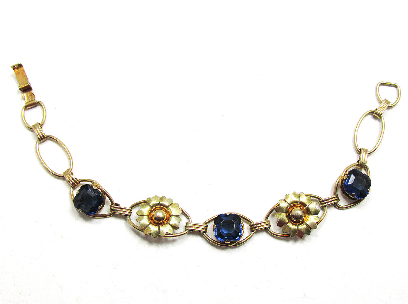 Vintage 1940s Mid-Century Sapphire Rhinestone Floral Bracelet - Front