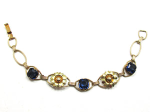 Vintage 1940s Mid-Century Sapphire Rhinestone Floral Bracelet - Front