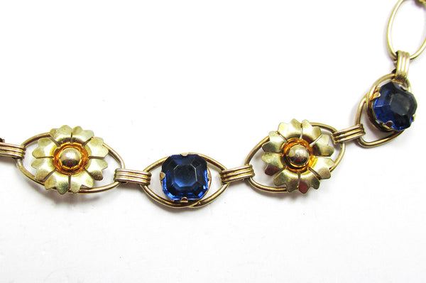 Vintage 1940s Mid-Century Sapphire Rhinestone Floral Bracelet - Close Up
