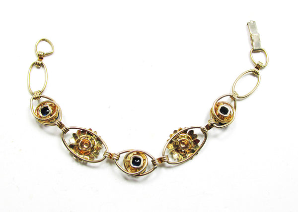 Vintage 1940s Mid-Century Sapphire Rhinestone Floral Bracelet - Back