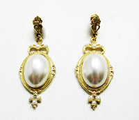 Vintage 1970s Contemporary Pierced Cabochon Pearl Drop Earrings - Front - Thumbnail