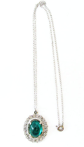 Vintage 1940s Jewelry Sterling Marcasite and Emerald Diamante Pendant - Front