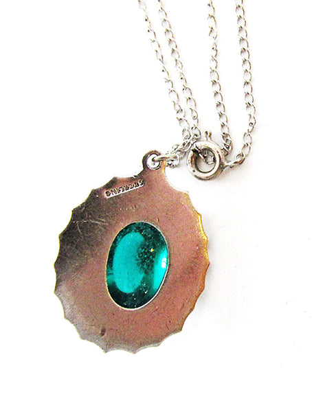 Vintage 1940s Jewelry Sterling Marcasite and Emerald Diamante Pendant - Back