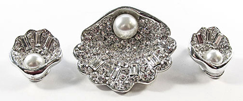 Vintage Jewelry 1960s Diamante and Pearl Seashell Pin and Earrings Set - Front
