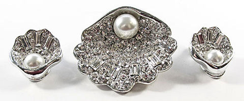 Vintage Jewelry 1960s Diamante and Pearl Seashell Pin and Earrings Set - Front