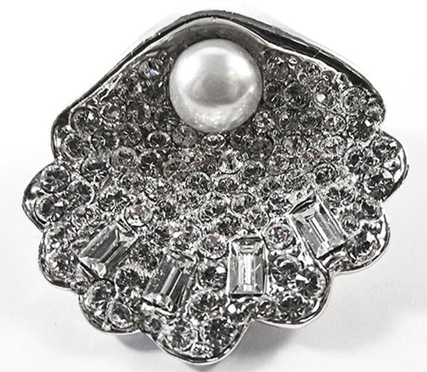 Vintage Jewelry 1960s Diamante and Pearl Seashell Pin and Earrings Set - Pin