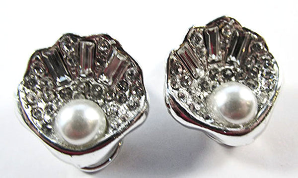 Vintage Jewelry 1960s Diamante and Pearl Seashell Pin and Earrings Set - Earrings