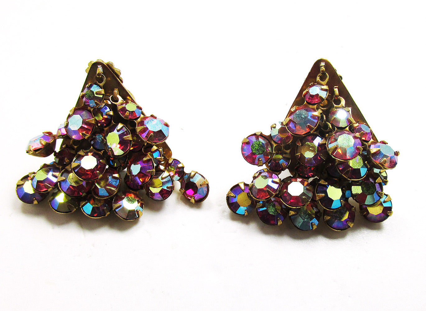 Unique Vintage 1950s Pink Aurora Borealis Rhinestone Earrings - Front