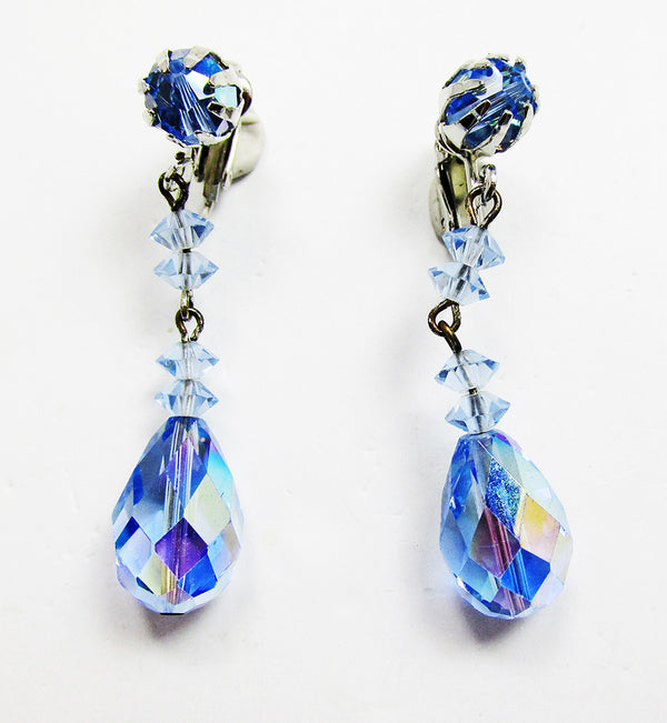 Vintage 1960s Glamorous Mid-Century Blue Faceted Crystal Drop Earrings - Front