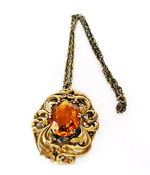 1930s Vintage Jewelry Bold Art Nouveau Style Topaz Diamante Pendant - Front