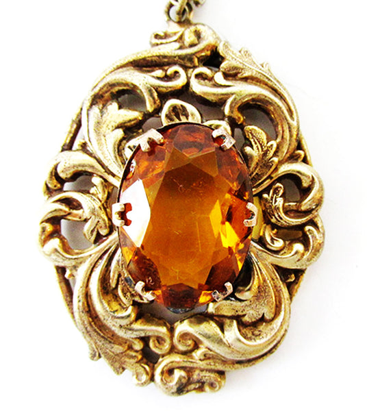 1930s Vintage Jewelry Bold Art Nouveau Style Topaz Diamante Pendant - Close Up