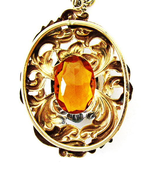1930s Vintage Jewelry Bold Art Nouveau Style Topaz Diamante Pendant - Back