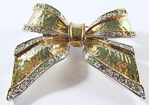 Vintage 1960s Realistic Gold and Silver Rhinestone Ribbon Bow Pin