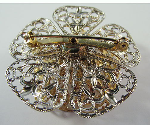 Vintage 1950 Jewelry Outstanding Three Dimensional Diamante Floral Pin - Back