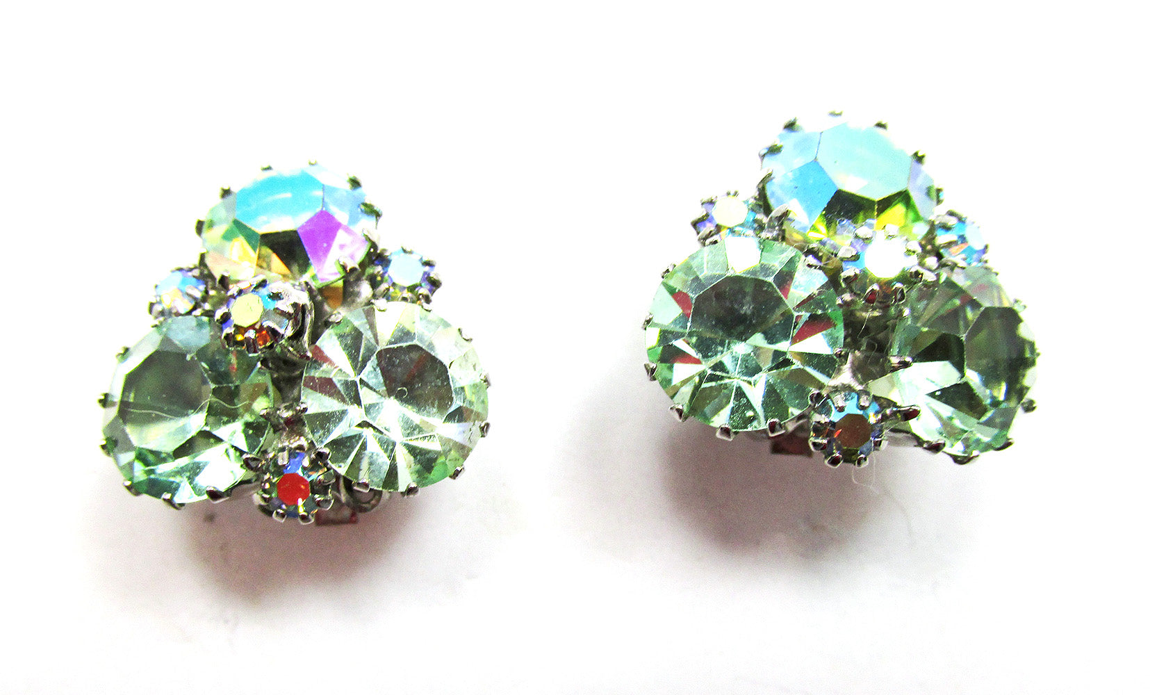 Stunning Weiss Designer Vintage 1950s Green Diamante Earrings - Front