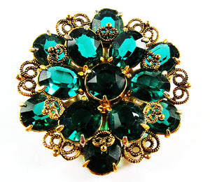 Vintage 1950s Jewelry Superb Emerald Green Diamante Floral Pin - Front
