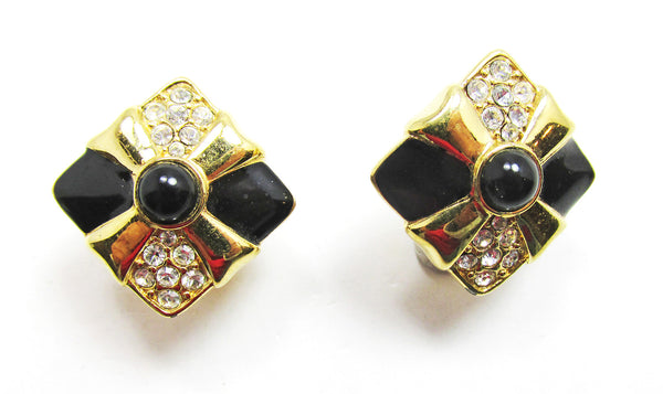 Vintage 1970s Monet Designer Rhinestone and Enamel Earrings - Front