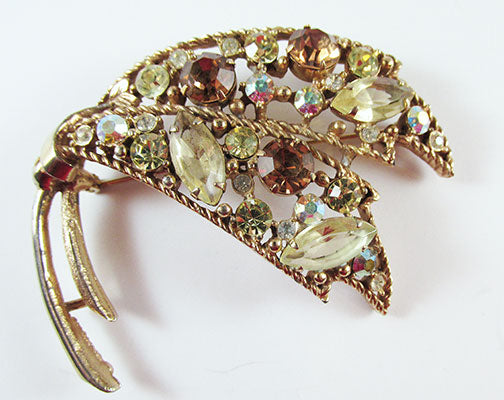 Emmons Vintage 1950s Mid Century Book Piece Rhinestone Leaf Pin