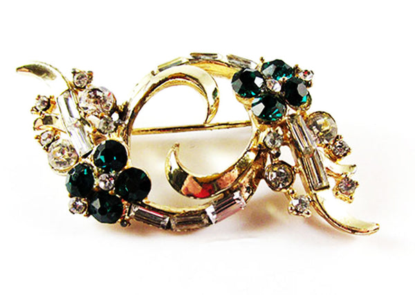 Vintage 1950s Emerald-Green and Clear Rhinestone Floral Pin - Front