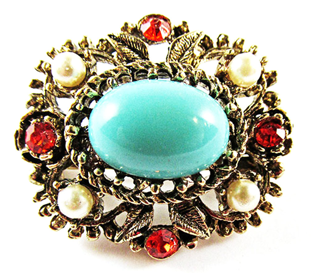 Vintage 1950s Jewelry Gorgeous Oval Diamante, Pearl, and Turquoise Pin - Front