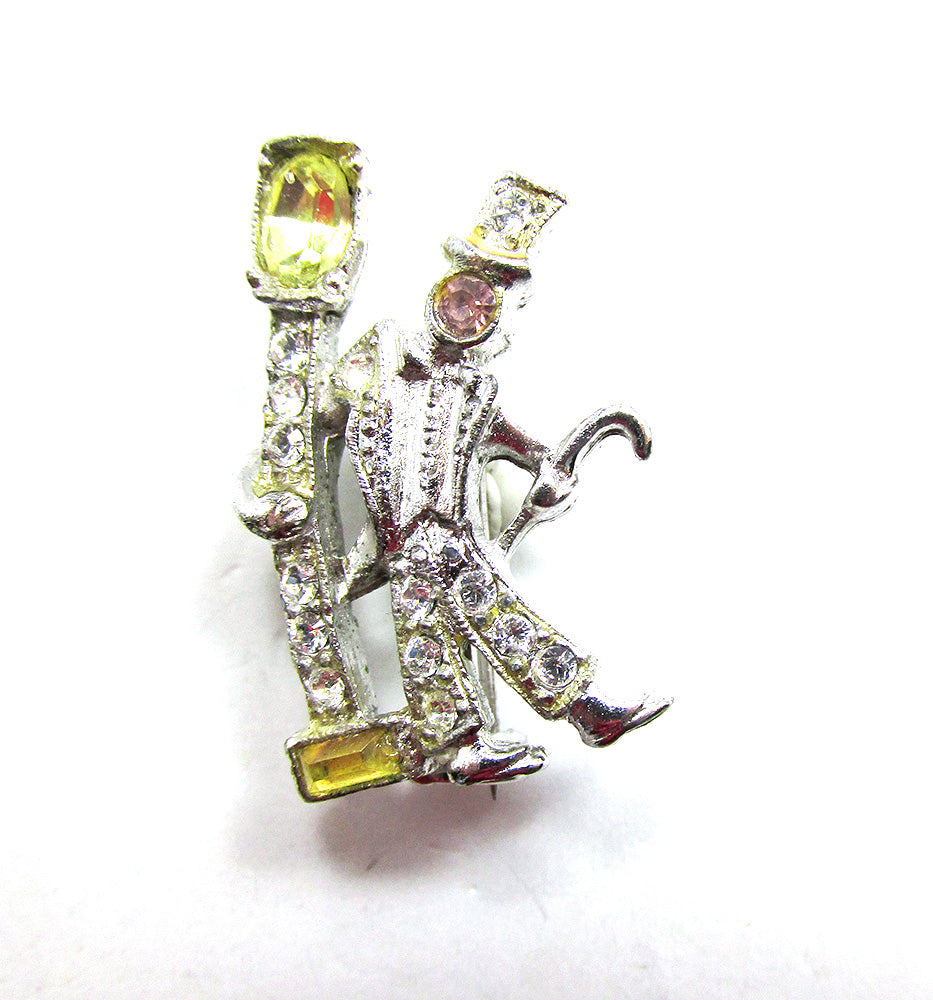 Adorable Vintage 1940s Mid-Century Man and Lamp Post Figural Pin - Front