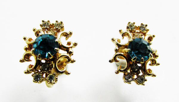 Vintage 1950s Dainty Mid-Century Clear and Aqua Diamante Earrings - Front