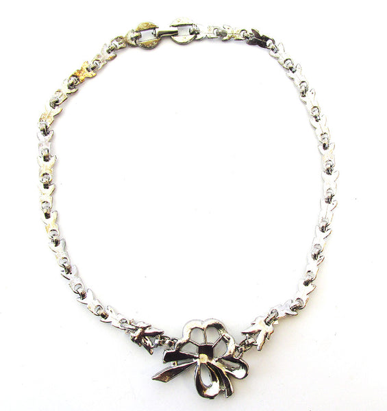 Attractive 1930s Art Nouveau Style Pot Metal Diamante Bow Necklace - Back