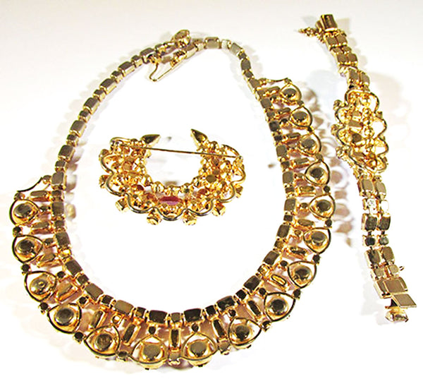Kramer 1950s Vintage Diamante Statement Necklace, Bracelet, and Pin - Back
