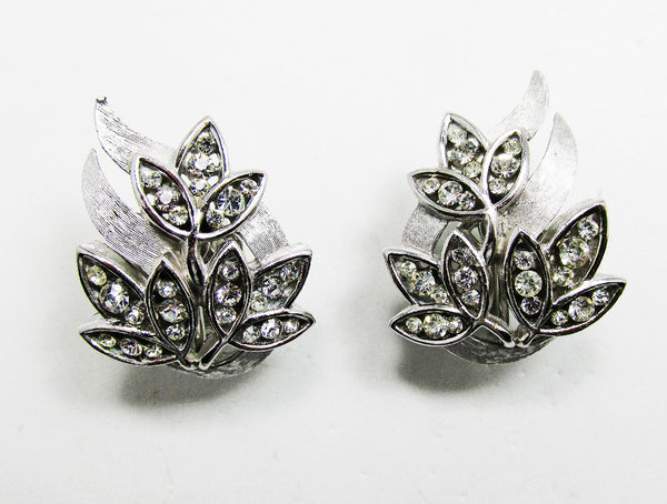 Vintage 1950s Crown Trifari Designer Clear Diamante Floral Earrings - Front