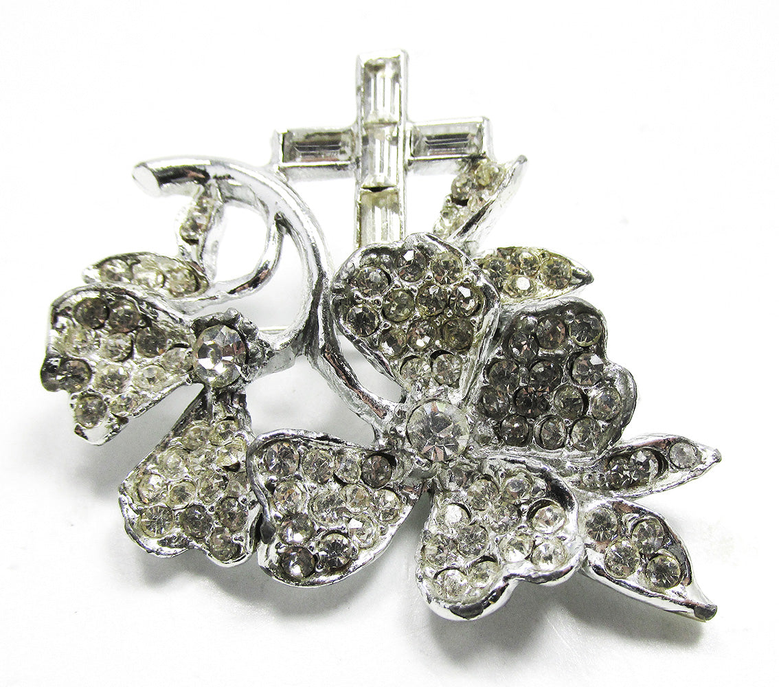 Jewelry Vintage Mid-Century Rhinestone Cross and Floral Pin - Front