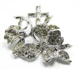 Jewelry Vintage Mid-Century Rhinestone Cross and Floral Pin - Front
