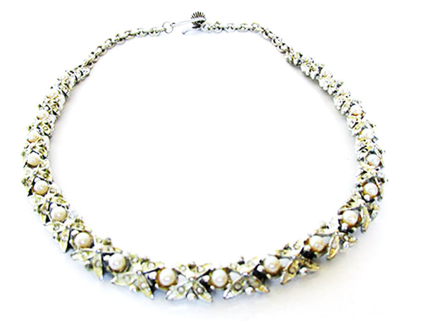 BSK 1950s Vintage Jewelry Mid-Century Pearl and Diamante Necklace - Front