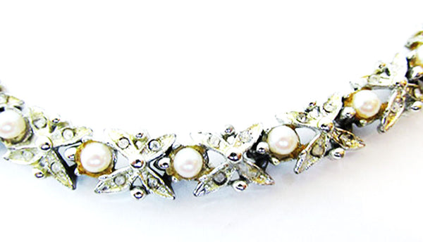 BSK 1950s Vintage Jewelry Mid-Century Pearl and Diamante Necklace - Close Up
