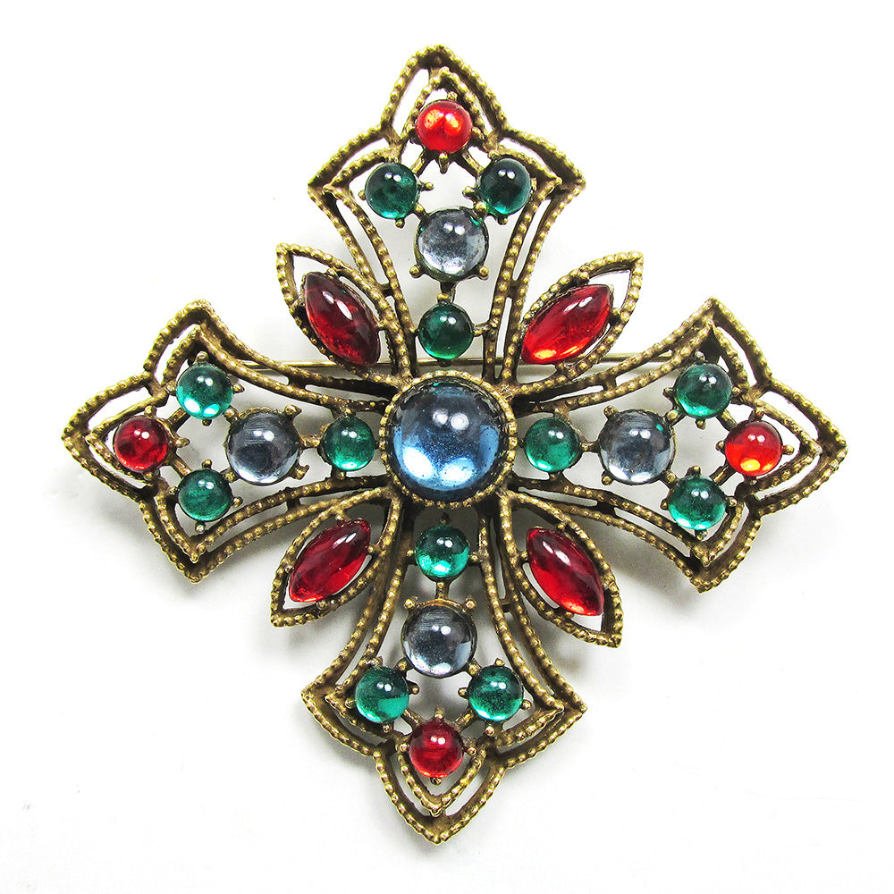 Vintage 1950s Corocraft Diamante Cabochon Maltese Cross Pin - Front
