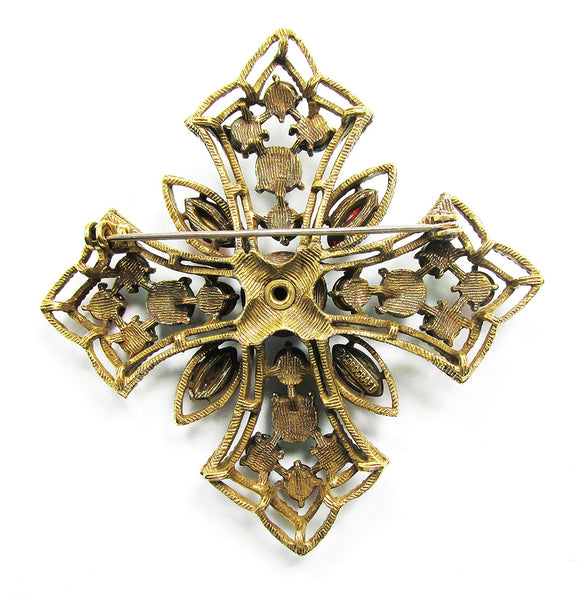 Vintage 1950s Corocraft Diamante Cabochon Maltese Cross Pin - Back