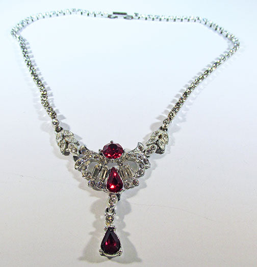 Vintage 1950s Magnificent Ruby Red Rhinestone Drop Necklace