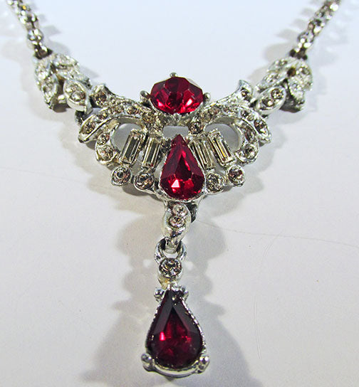 Vintage 1950s Magnificent Ruby Red Rhinestone Drop Necklace