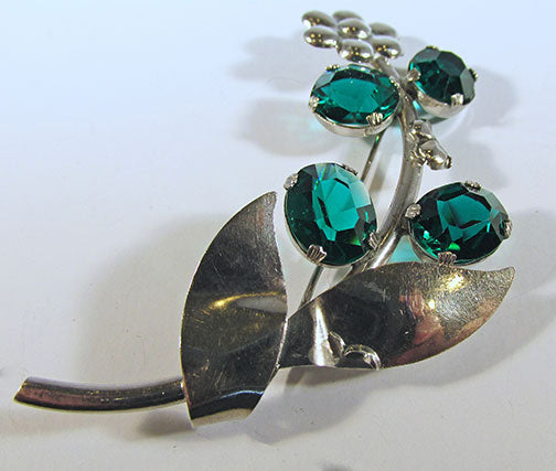 Vintage 1940s Lovely Sterling Silver Emerald Floral Bouquet Pin