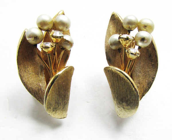 Elegant Vintage 1950s Mid-Century Pearl and Rhinestone Earrings - Front