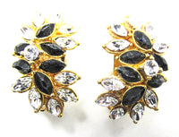 Vintage 1970s Retro Black and Clear Diamante Floral Earrings - Front - Thumbnail