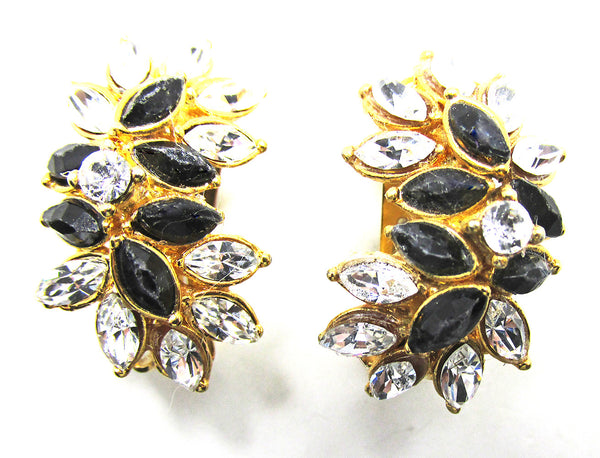 Vintage 1970s Retro Black and Clear Diamante Floral Earrings - Front