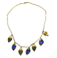 Vintage 1940s Marked  Vermeil and Sapphire Rhinestone Leaf Necklace - Front - Thumbnail