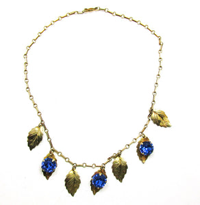 Vintage 1940s Marked  Vermeil and Sapphire Rhinestone Leaf Necklace - Front
