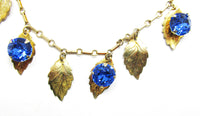 Vintage 1940s Marked  Vermeil and Sapphire Rhinestone Leaf Necklace - Front Close Up - Thumbnail